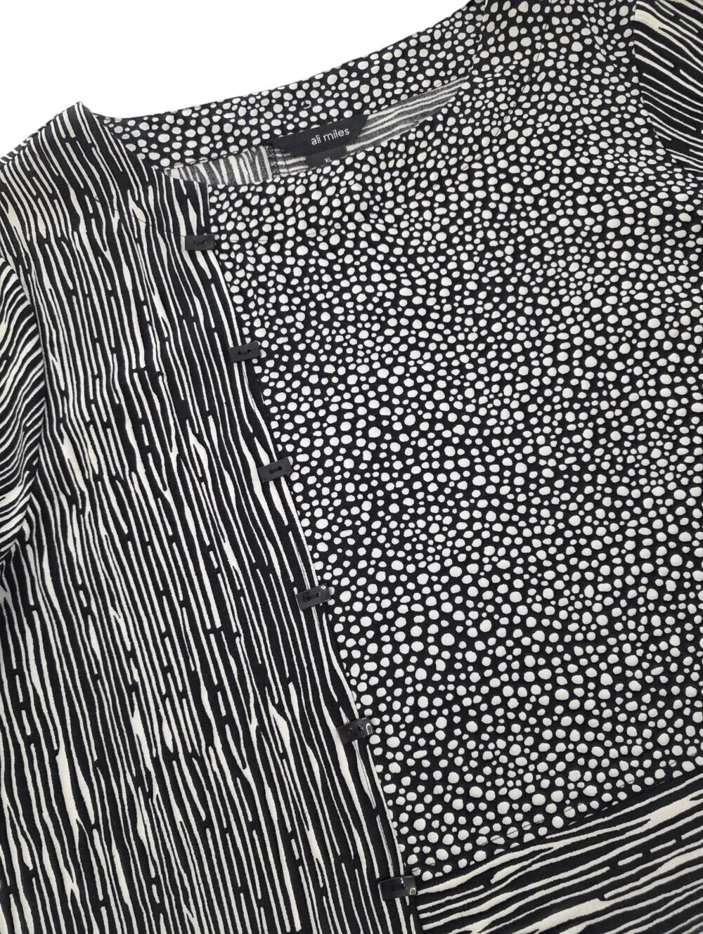 Ali Miles Mixed Print Button Accent Tunic Top XL Black White Artsy Lagenlook